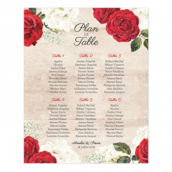 Plan de table de mariage personnalisé et imprimé. Roses rouges et fleurs blanches à l'aquarelle.