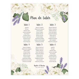 Plan de table de mariage personnalisé et imprimé. Fleurs blanches et lavande de Provence.
