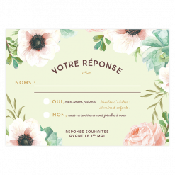Carton réponse de mariage. Fleurs pink et mint. Fond vert d'eau et fleurs corail. Sous forme de carte postale.