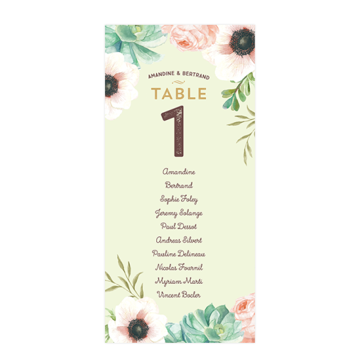 Plan de table de mariage personnalisé sous forme de cartes avec fleurs à l'aquarelle