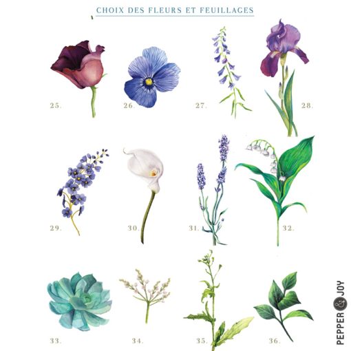 faire part mariage personnalisé floral fleurs aquarelle bleue violet sur mesure