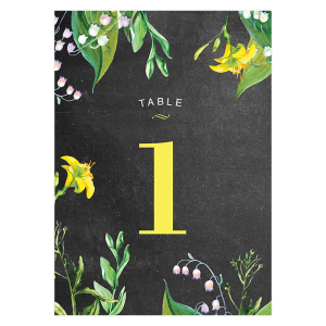 Mariage, carte numéro de table champêtre. Fleurs jaunes et blanches