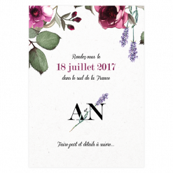 Save the date de mariage avec fleurs de provence, logo des mariés