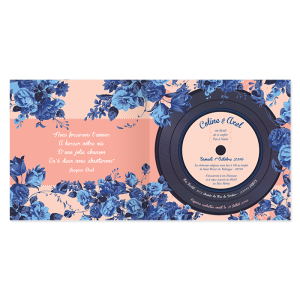Faire-part de mariage floral All you need is Love, mariage thème de la musique, avec disque vinyl imprimé