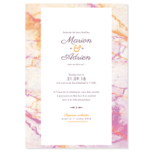 Invitation de mariage personnalisée, orange et violet rose.