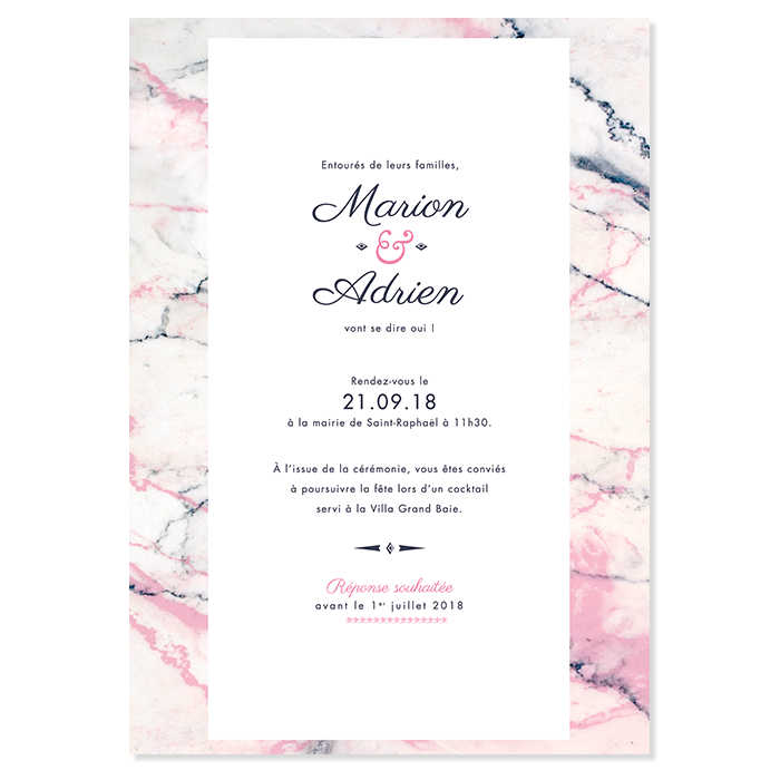 invitation de mariage marbre, rose bleu et blanc
