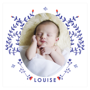 Faire-part de naissance photo fille. Modèle Louise avec branchages, fleurs et oiseaux à l'aquarelle.