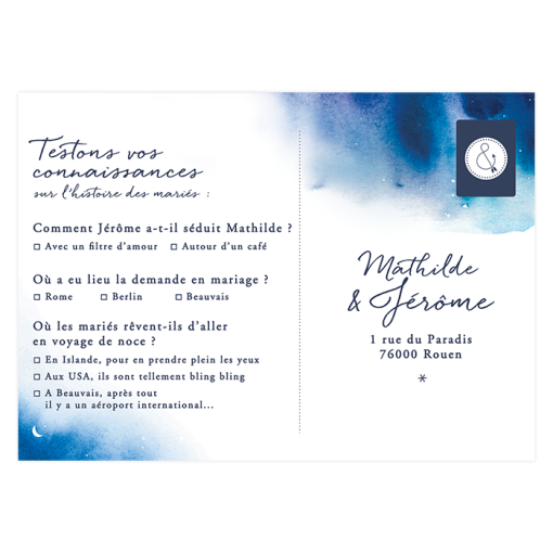 Faire-part mariage Nuit étoilée, carton réponse avec questionnaire original.