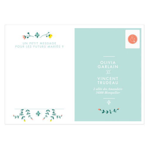 Carton réponse mariage printemps fleurs fond mint, carte postale