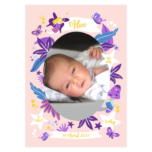 Faire part de naissance fille fée et papillons violet et rose avec une touche de jaune. photo de bébé Alice