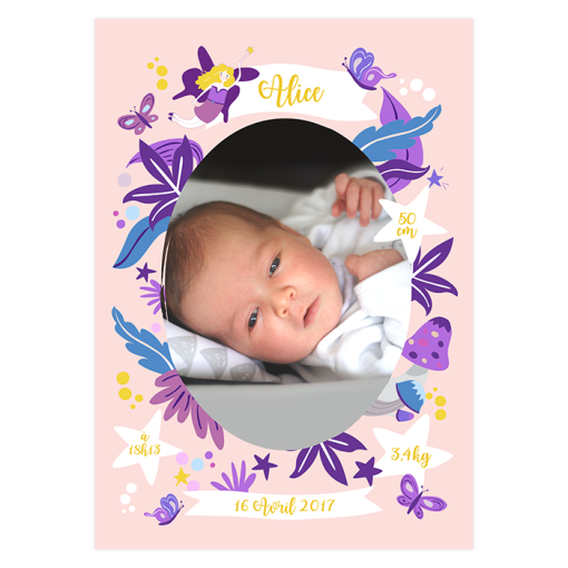 Faire part de naissance fille fée et papillons violet et rose avec une touche de jaune. photo de bébé Alice