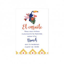 Invitation brunch mariage exotique chic, toucans et motif colorés