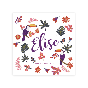 Faire-part naissance Elise thème floral exotique chic. Tendance ethnique.
