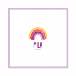 Faire-part naissance fille Mila avec arc en ciel en peinture. teinte rose parme et violet lilas.