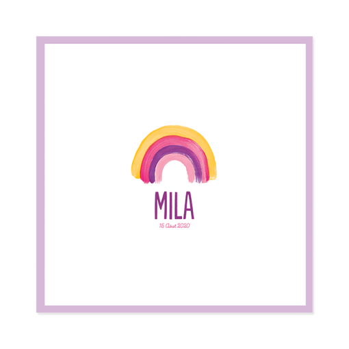 Faire-part naissance fille Mila avec arc en ciel en peinture. teinte rose parme et violet lilas.