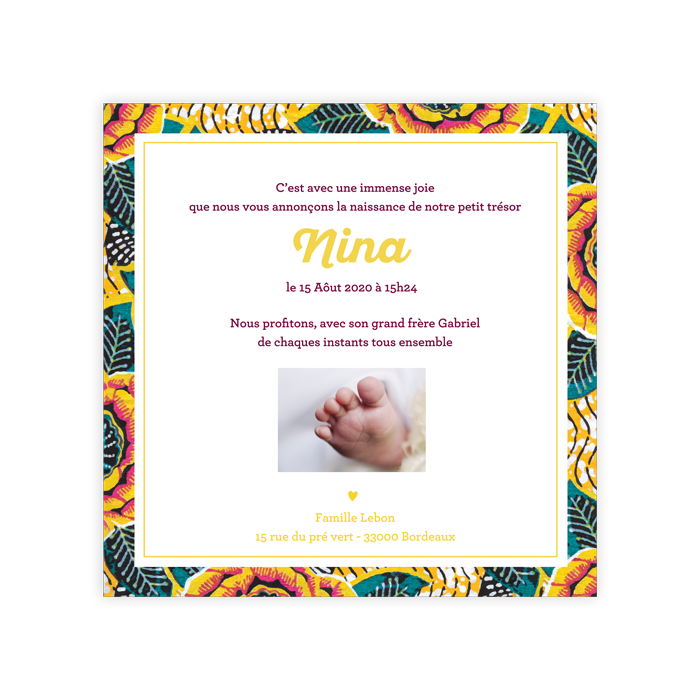 Faire Part De Naissance Fille Motif Wax Avec Photo De Bebe