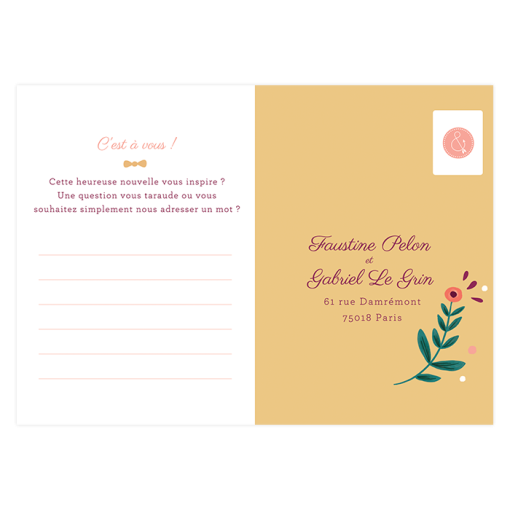 Carton réponse rsvp Invitation mariage sous forme de carte postale.