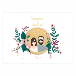 Carton save the date mariage avec dessin illustration portrait des mariés. magnet rond badge aimanté assorti