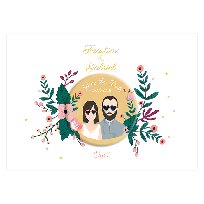 Carton save the date mariage avec dessin illustration portrait des mariés. magnet rond badge aimanté assorti