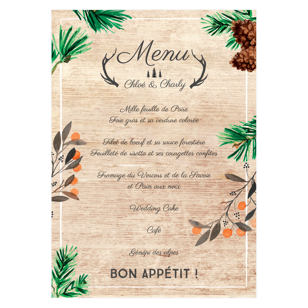 Menu de mariage Montagne personnalisé, menu montagnard