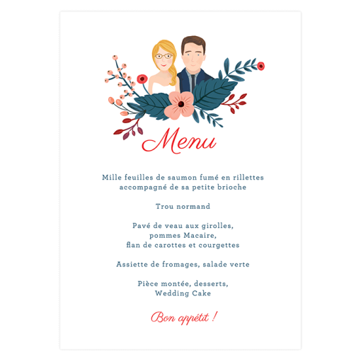 menu de mariage imprimé avec le dessin des portraits de mariés.