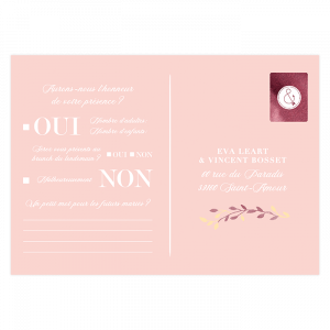 Carton réponse faire part mariage. carte postale assortie avec rose pale et fleurs aquarelle