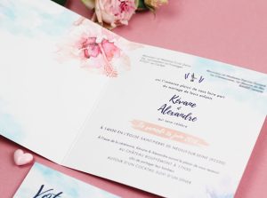 Faire part mariage sur mesure aquarelle colibri lavande et nuage en coeur