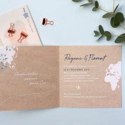 invitation mariage mapmonde personnalisé, faire part livret papier kraft
