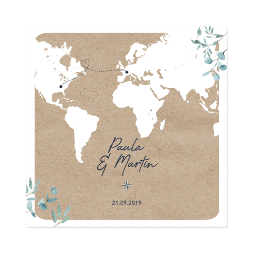 faire-part mariage voyage international avec carte du monde sur fond papier kraft
