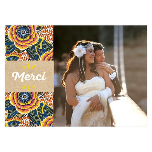 carte remerciements mariage africain, tissu wax photo de couple