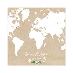 faire-part mariage bilingue avec carte du monde illustrée. Mapmonde sur fond kraft.