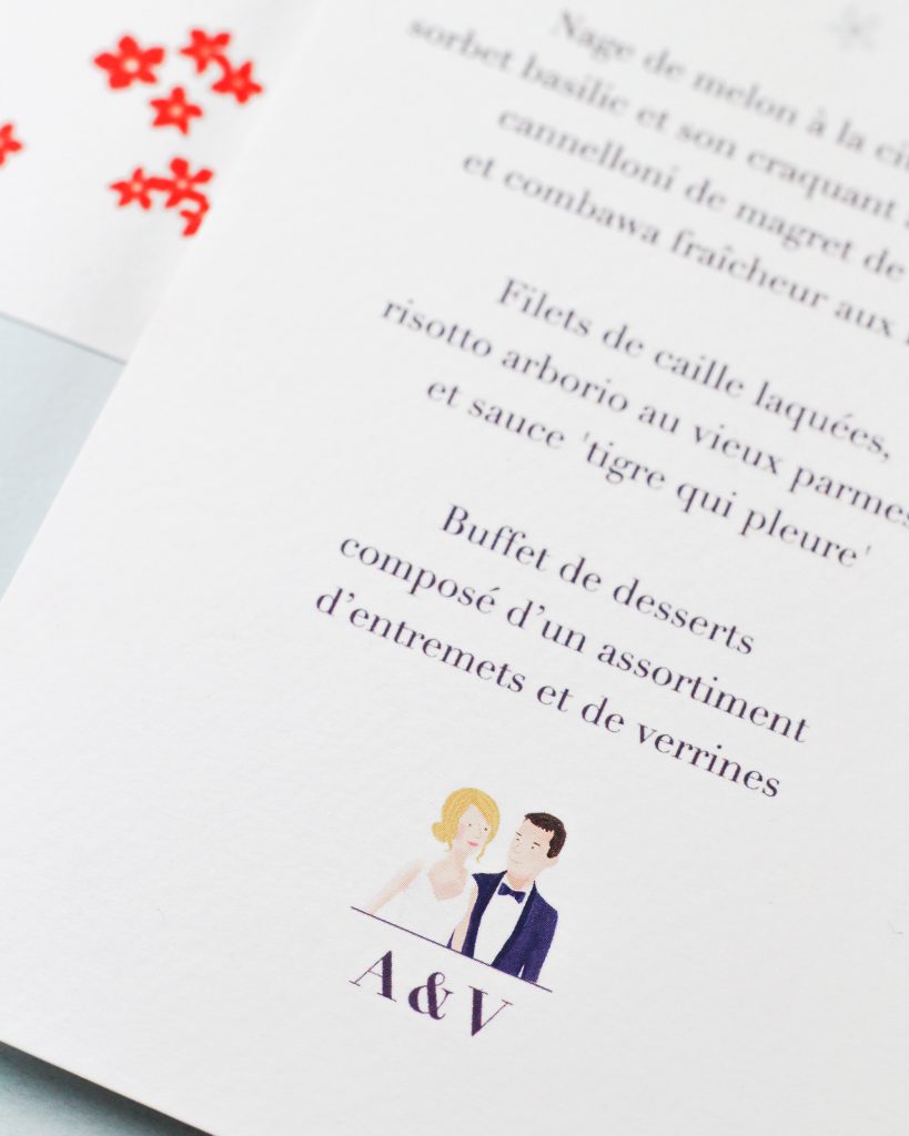 menu mariage japonais, thème japon avec portrait des mariés imprimé