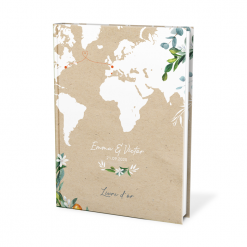 Livre d'or mariage thème voyage avec carte du monde sur fond kraft.
