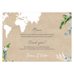 Remerciements mariage bilingue, carte avec carte du monde sur fond kraft