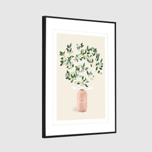 Arbre de famille, arbre généalogique personnalisé sur mesure. Bouquet de fleurs de mimosa, vase rose pâle.