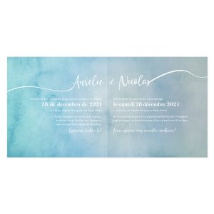 Invitation mariage carrée, pages intérieures aquarelle avec texte bilingue ou trilingue.