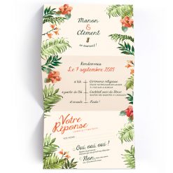 faire-part mariage dépliant, avec carton rsvp inclue. Design tropical exotique