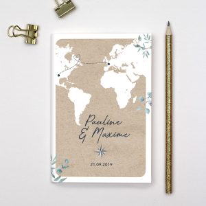 faire-part mariage voyage format passeport livret. carte du monde sur fond kraft