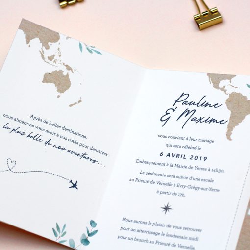 fairepart mariage carte du monde, thème voyage, passeport