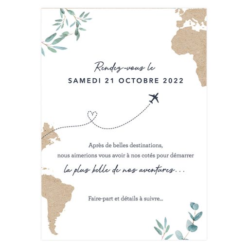 Carte mariage voyage save the date avec carte du monde et avion