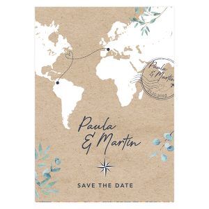 Carte mariage Voyage international, carte du monde. cachet postal