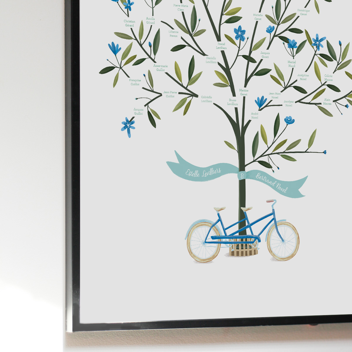 Arbre généalogique personnalisé avec dessin d'un arbre et vélo tandem. Poster imprimé