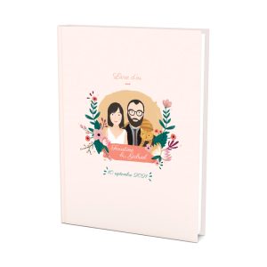 Livre do'r mariage avec dessin des mariés entourés de fleurs