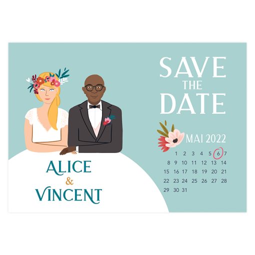 save the date portrait, carte originale avec le dessin des mariés à table.