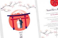 Invitation de mariage portrait, mariés en kimono devant le Mont Fuji
