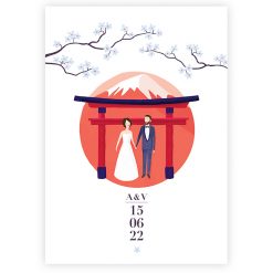 faire part mariage Japon, invitation personnalisé, mariés devant torii et fleurs de cerisier