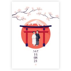 faire part mariage Japon, portrait des mariés en kimono, Mont Fuji, Torii et fleurs de cerisier.
