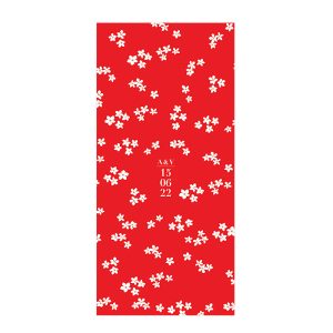 Menu mariage Japon, fleurs de cerisier blanches. Carton imprimé sur fond rouge.