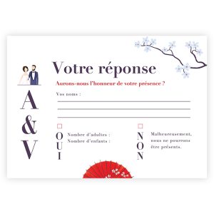 Mariage Japon, carte RSVP, carton réponse sous forme de carte postale.