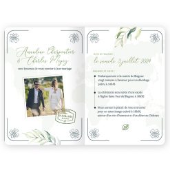Faire-part mariage Passeport avec photo mariés. Décor aquarelle eucalyptus et branches? Fond carte du monde
